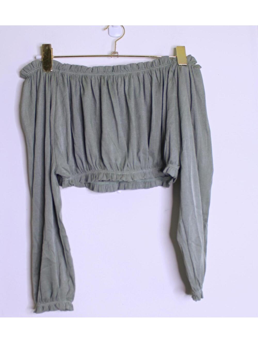 Zara Olive Green Boho Peasant Crop Blouse - Medium